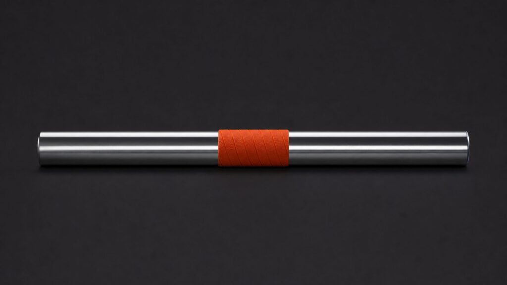A polished steel relay baton with an orange grip band on a graphite background.