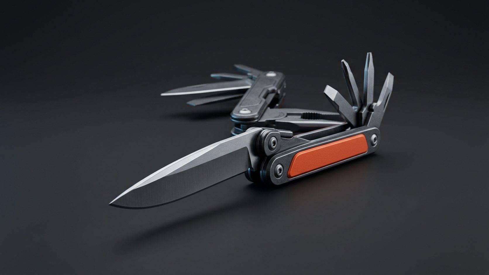 An open multi-tool with one orange-handled implement extended, on a dark studio background.