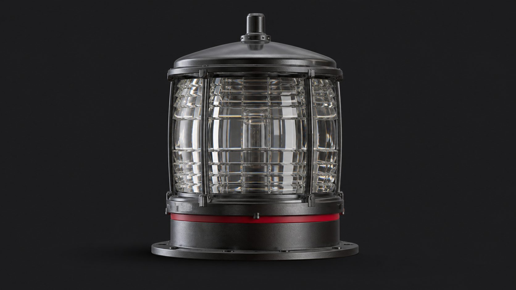 A lighthouse lantern-room beacon lens with a crimson base ring on a dark background.