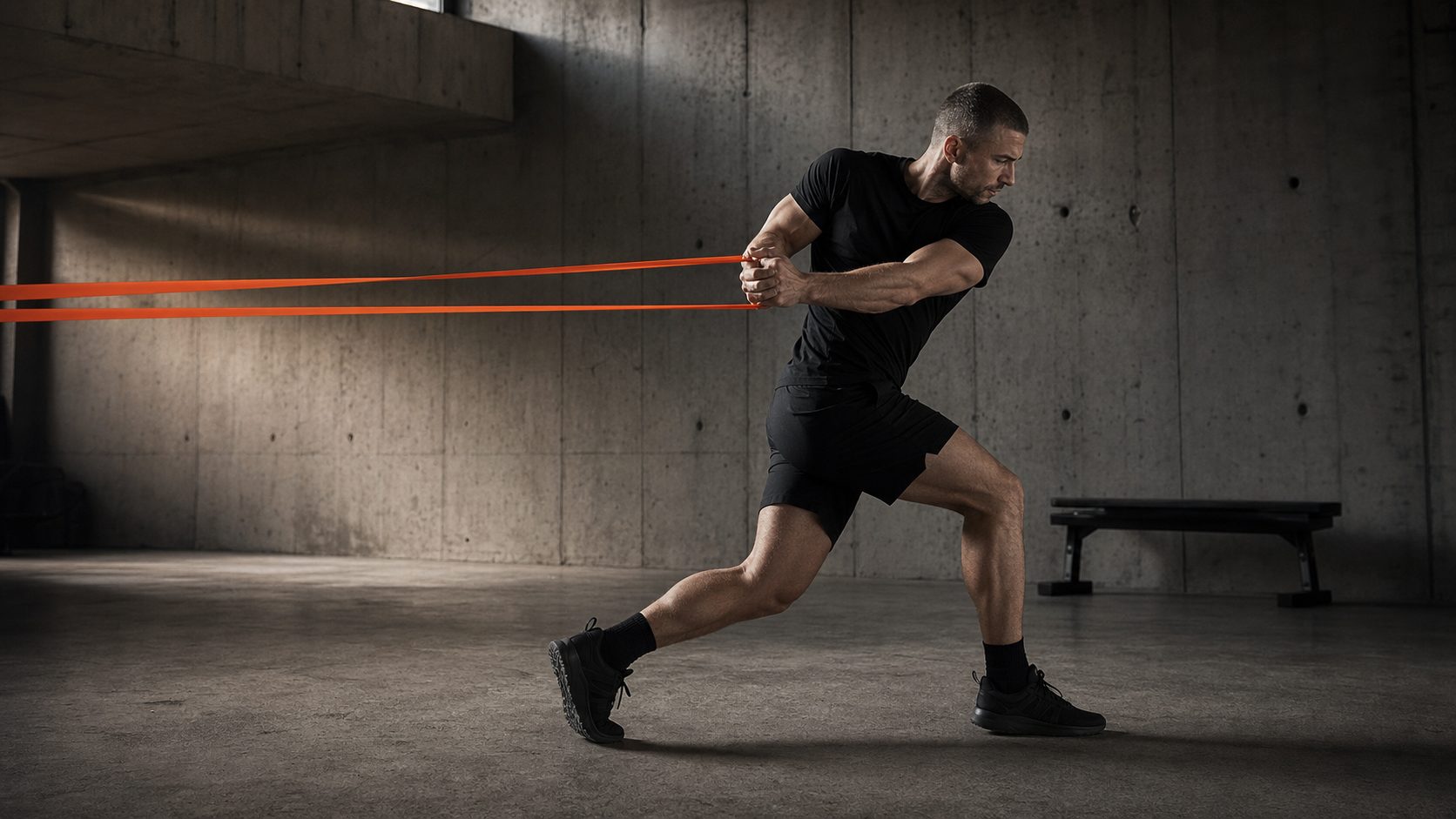 An athlete straining against a stretched orange resistance band in a concrete hall.