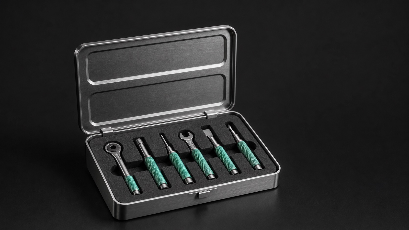 Ninety EOS software as one connected toolkit: six precision tools seated in a single machined-steel case