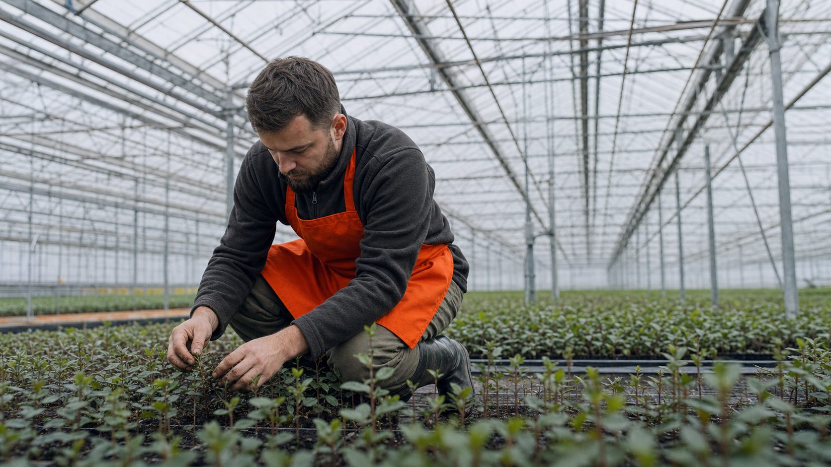A worker in an orange apron tending rows of young saplings inside a daylit glasshouse.