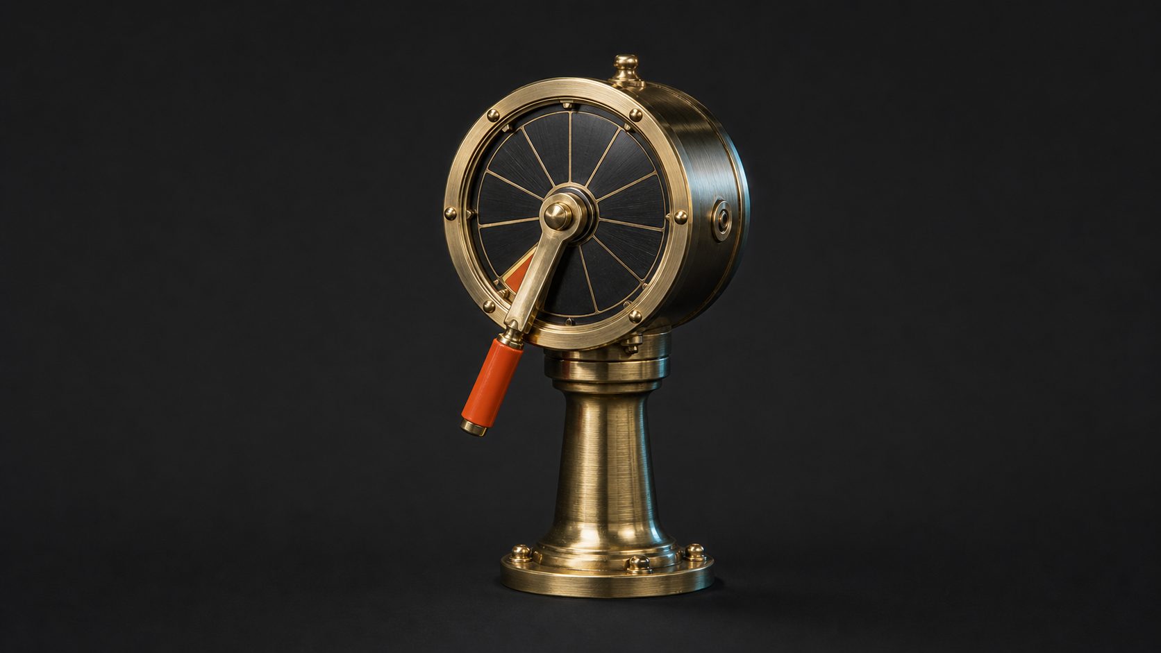 A brass ship's engine-order telegraph with an orange handle on a graphite background.