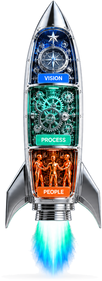 The Profit Engine illustrated as a rocket with Vision, Process, and People compartments powering business growth