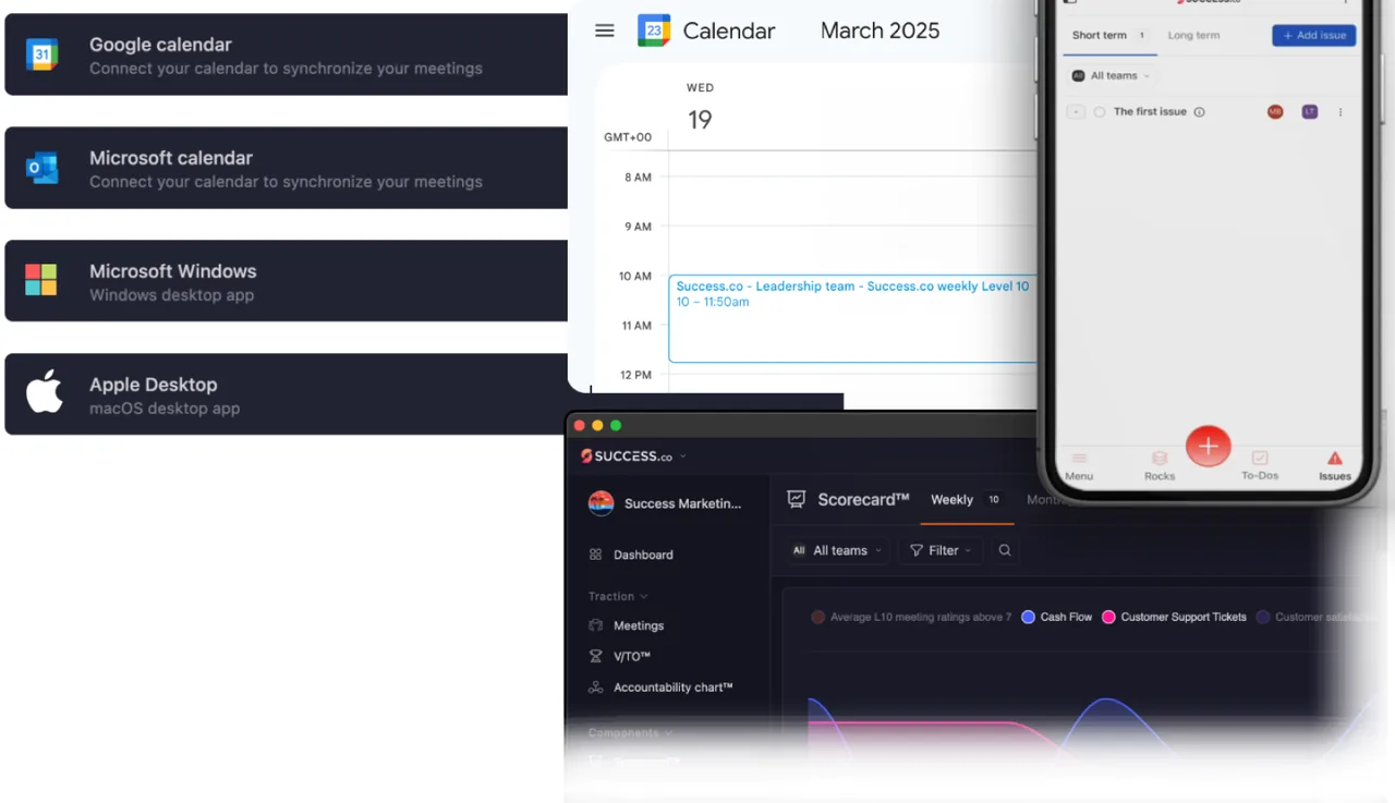 Success.co calendar integrations for Google and Microsoft shown beside the Windows and macOS desktop apps and the mobile app on a phone