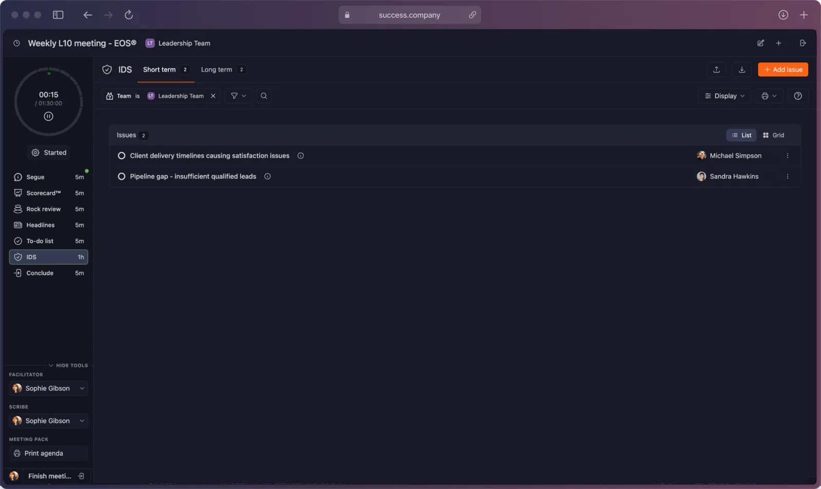 Success.co Level 10 Meeting screen: the EOS agenda down the left with a 90-minute meeting timer, and the IDS issues list open in the main pane