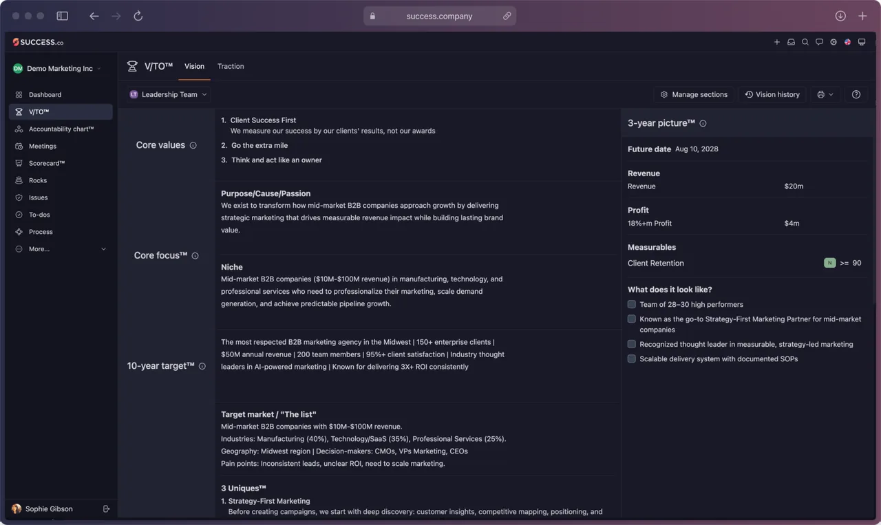 Success.co V/TO screen with Core Values, Core Focus, the 10-year target, target market and 3 Uniques on the left, and the 3-year picture with revenue, profit and measurables on the right
